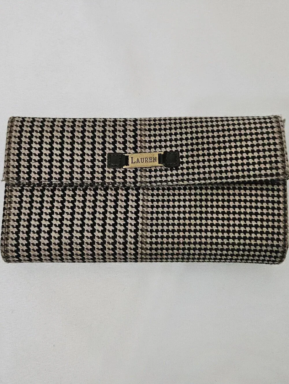 Lauren Ralph Lauren Women’s Brown Houndstooth Snap Flap Wallet Zip Pocket ID